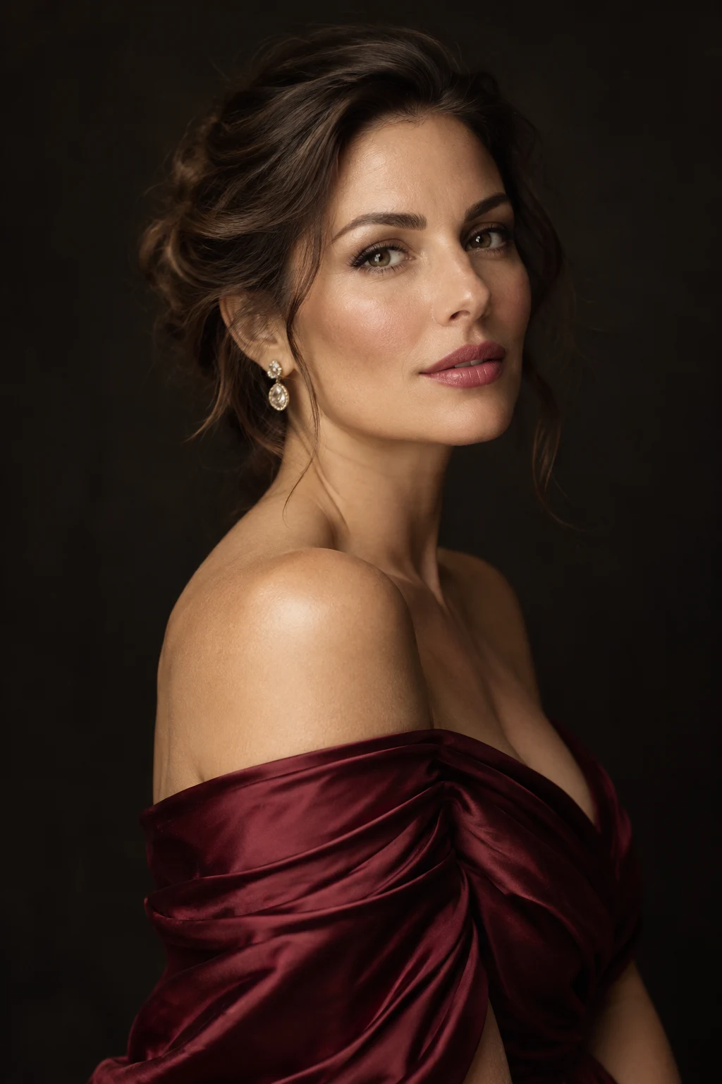 Elegant woman in burgundy silk, in warm editorial light